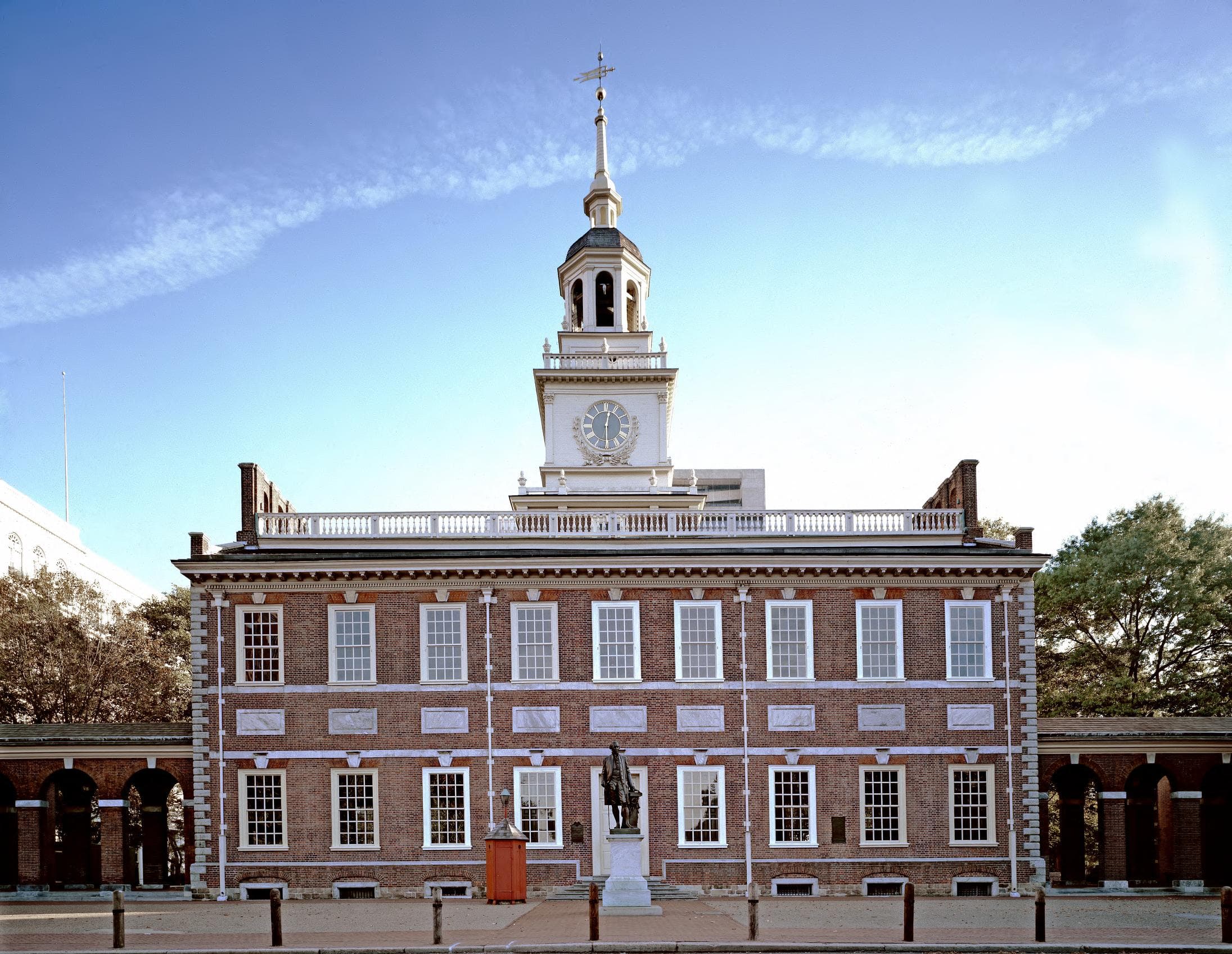 Independence Hall in Philadelphia with its red-brick walls and clock tower