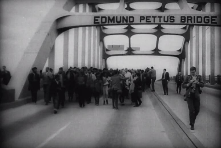 Voting-rights marchers crossing the Edmund Pettus Bridge in Selma
