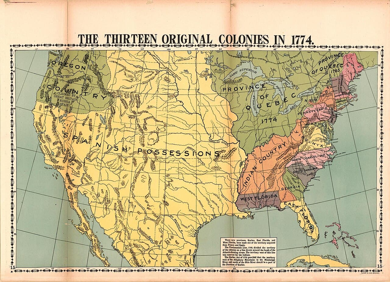 Historic map of the thirteen original colonies along the Atlantic coast